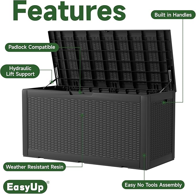 EasyUp 100 Gallon Deck Boxes Waterproof, Outdoor Large Storage Boxes with Lids, Outside Resin Storage Box & Deck Boxes for Patio, Garden Use(Black)