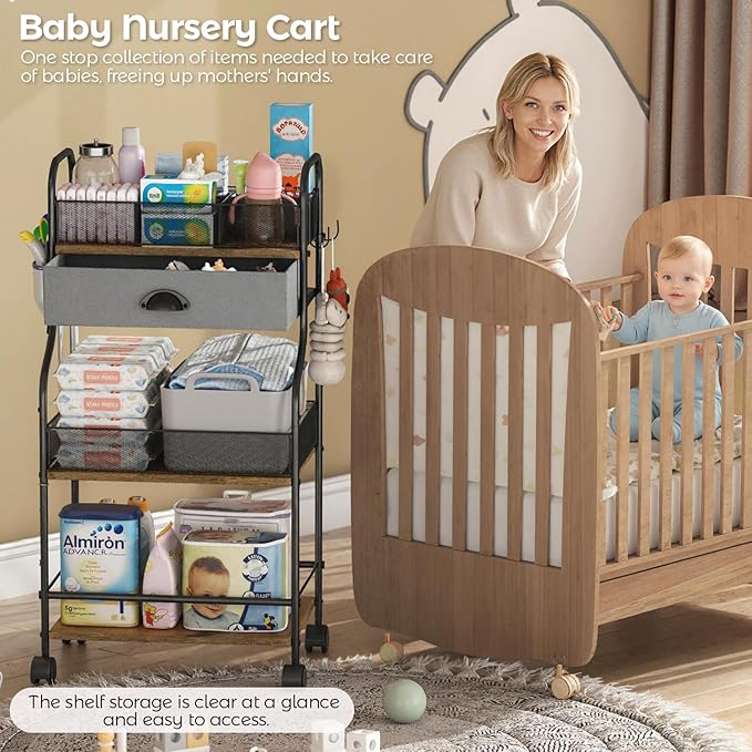 3-Tier Baby Diaper Caddy Cart Organizer with Drawer,Rolling Utility Cart & Bedside Nursery Essentials Cart for Newborn Baby Stuff, 2+1 Dividers, Baby Storage Organizer for Bedroom,Changing Table,Grib