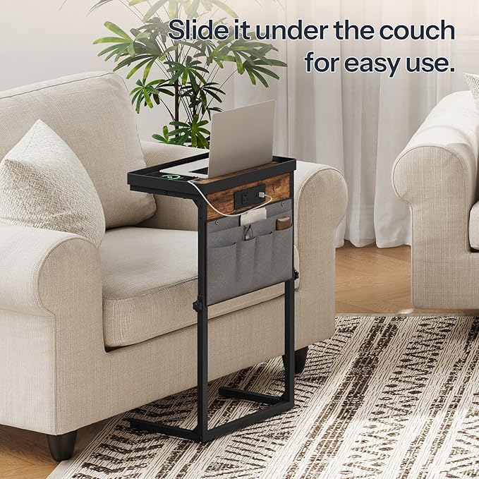 HOOBRO C-Shaped End Table with Charging Station, 29.5” Adjustable Height Side Table with Storage Pocket, Sofa Tray Table Slide Under Couch, for Living Room, Bedroom, Rustic Brown and Black BF78USF01