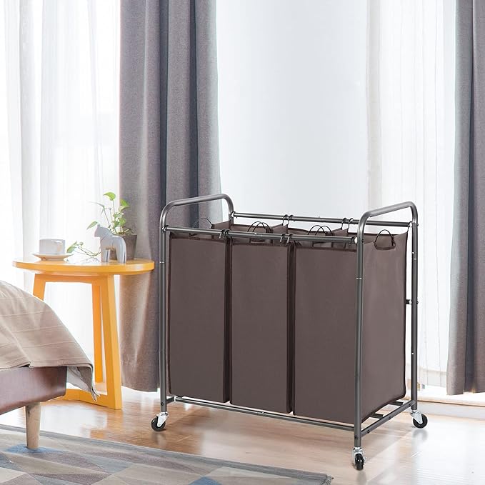 STO STO Laundry Sorter 3 Section, 3 Bag Laundry Hamper, Rolling Laundry Cart, Laundry Basket with Heavy Duty Lockable Wheels and Removable Bag for Clothes Storage, Brown