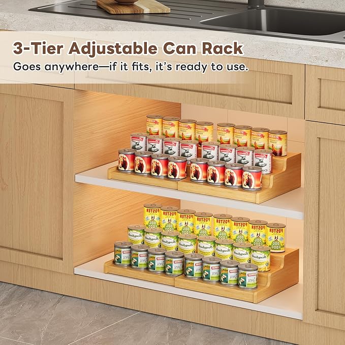 Expandable Bamboo Cat Food Can Storage for Pantry, 3-Tier Adjustable Can Organizer Shelf for Pet & Human Cans, Canned Goods & Food Storage for Cabinets, Holds Up to 24 Cans (Patent Pending)