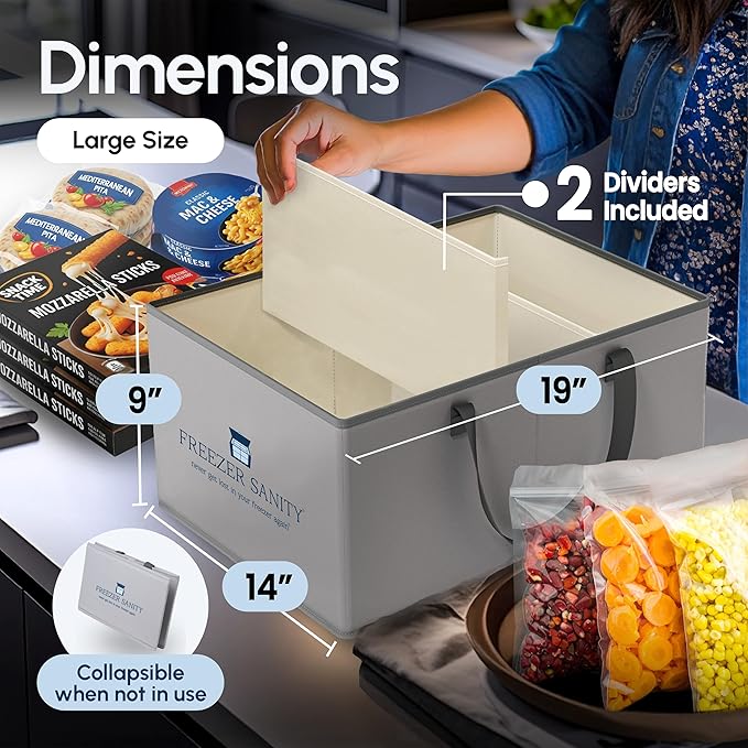 The Original Chest Freezer Organizer Bins, Stackable Storage Organizers, Deep Freezer Dividers, Handles, Heavy-Duty, Water-Proo (4 Pack Large 19x14x9)