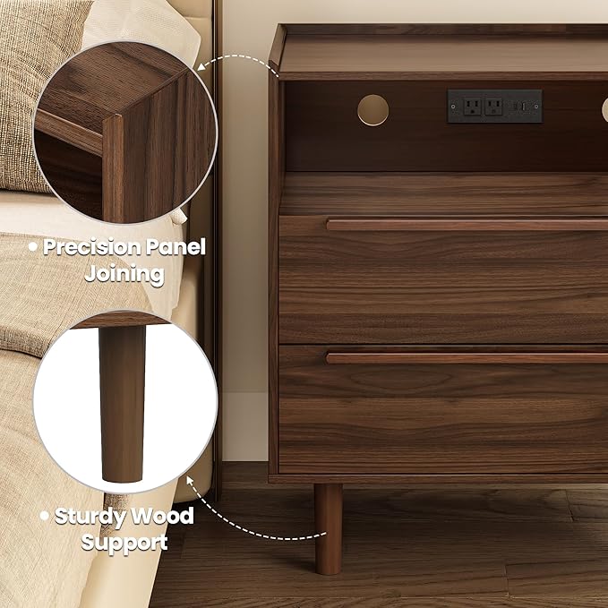 Mid-Century Modern Nightstands Set of 2 with Charging Station, 26" Tall Wood Bedside Tables with Tray Top, USB & Type-C Ports, 2 Drawers and Open Shelf for Bedroom or Living Room, Walnut