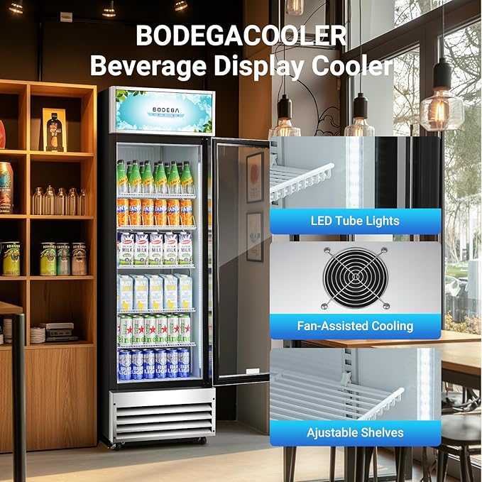 BODEGACOOLER Commercial Merchandiser Refrigerator, 12.5 Cu.Ft Glass Door Display Refrigerator, Upright Beverage Cooler with Soft LED Light, Adjustable Shelves, 4 Strong Castors(Stainless Steel)
