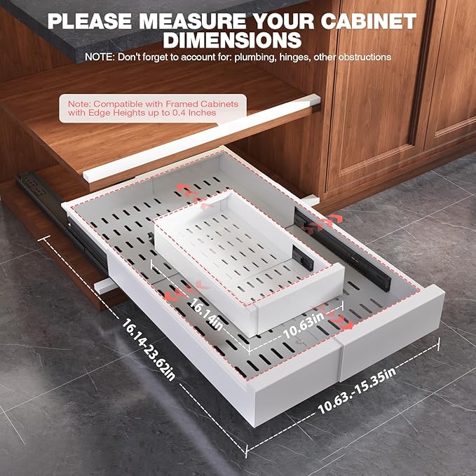 2 Pack Pull Out Cabinet Organizer Expandable Width(11"-16") and Depth(17"-24"),Slide Out Drawers With Raising Pad for Framed Cabinets,No Drill Roll Out Shelves for kitchen,Bathroom,White