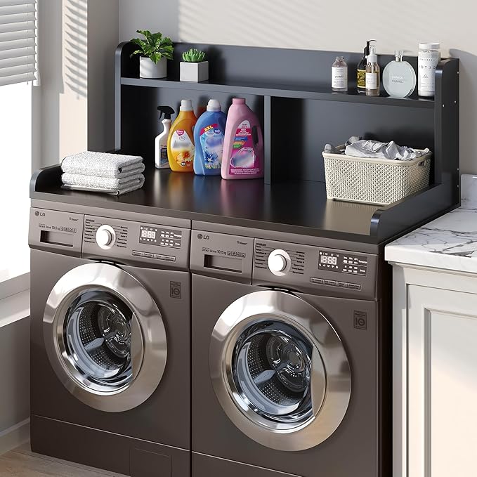 2-Tier Washer Dryer Countertop, 18.5" Raised Height Laundry Countertop with Edge Rails and Non-Slip Pad, 54"W x 27.55"D Washer and Dryer Topper for Laundry Room Storage Organization (Black)