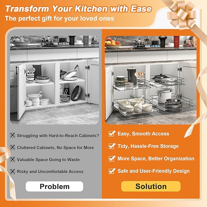 ALINE FURNITURE 2-Tier Pull Out Cabinet Organizer - 17" W x 22" D Soft Close Pullout Shelves with Shelf Liners - Slide Out Drawers for Kitchen Cabinets, Pantry, Bathroom, Heavy Duty Steel Wire Baskets