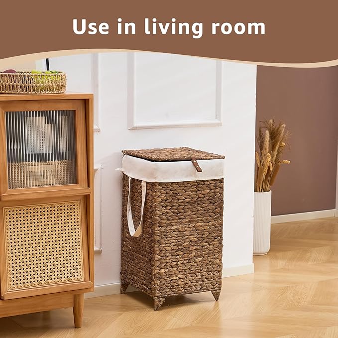 Laundry Hamper with Lid and Removable Liner Bag, Handwoven Natural Hyacinth Clothes Hamper with Heightened Feet, Wicker Laundry Basket for Clothes and Towels，Small