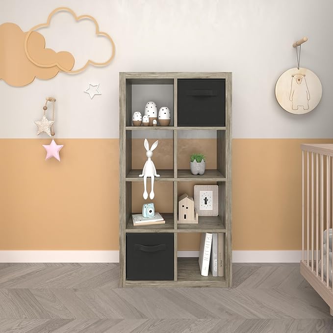 Bookshelf Cube Storage Organizer, 8-Cube Shelf Bookcase with Storage Bin, Modern Wood Open Shelf for Living Room, Bedroom, Home Office, Gray Oak