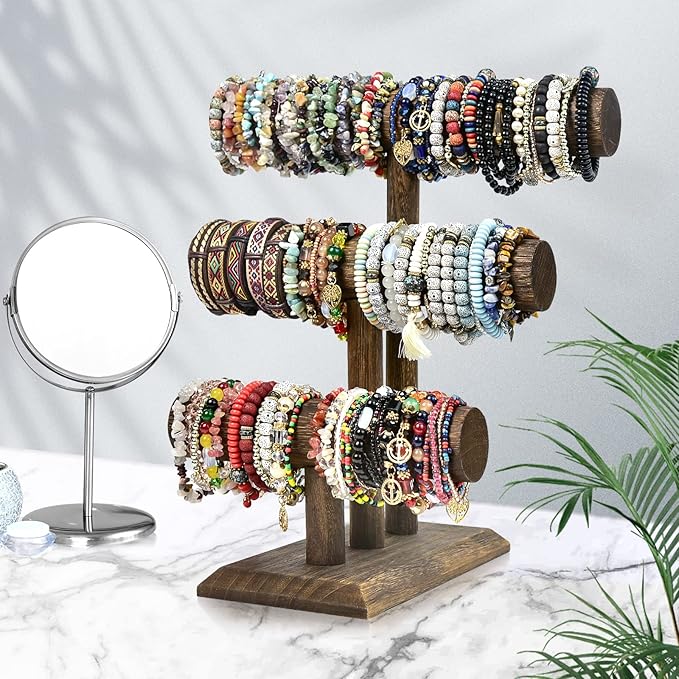 LadyRosian Wooden Bangle Display Holder Stand,3-Tier Wooden Rotating Jewelry Display Stand (Brown-3 layers)
