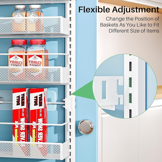 SNTD Over the Door Pantry Organizer - 8 Tier Adjustable Pantry Door Spice Organizer, Large Capacity Hanging Door Spice Rack for Kitchen Pantry Organizers and Storage (White, 12.3" W x 4.7" D x 69" H)