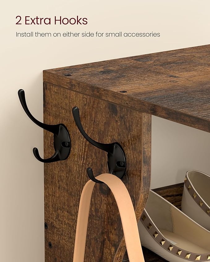VASAGLE 7-Tier Vertical Shoe Rack, Narrow Shoe Storage Organizer with Hooks, Slim Corner Tower Shelf, Space-Saving for Entryway and Bedroom, Rustic Brown ULBS200KD01