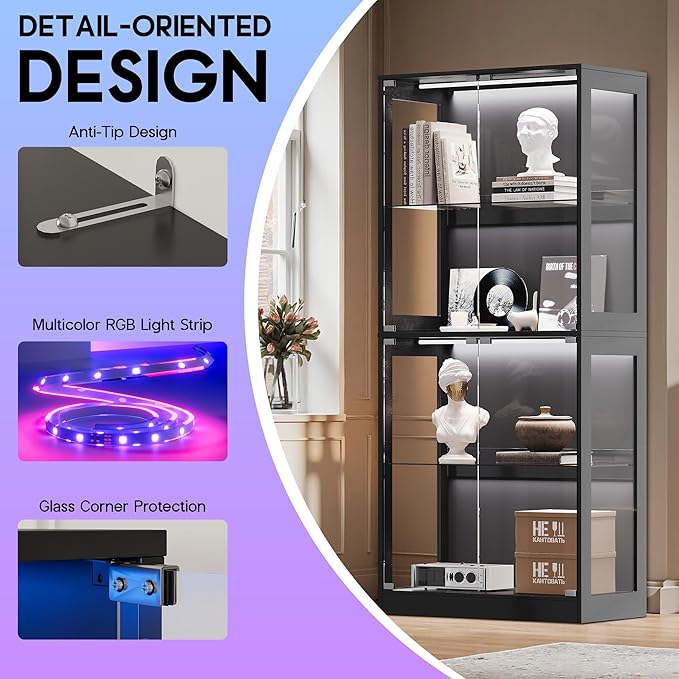 AMERLIFE RGB Display Cabinet with Adjustable Glass Shelves, 4-Tier Storage Case with LED Lights & Press-to-Open Doors, Modern Display Shelf for Collectibles, Black 70" H×32" L×16" D