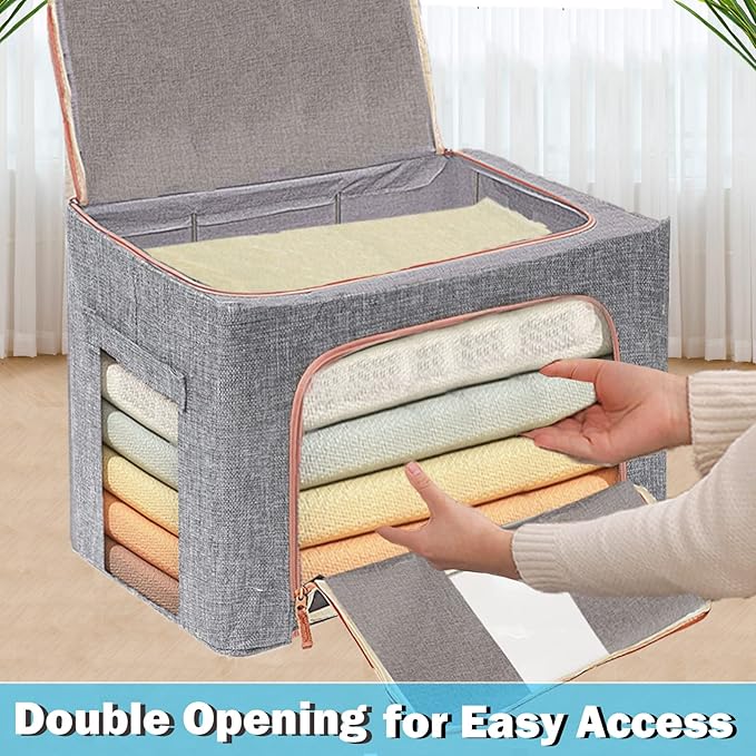 100L Large Storage Bags,Stackable Clothes Storage Bins with Hold Shape Metal Frame,Foldable Closet Organizer Containers with Zipper,Clear Window,Thick Fabric for Seasonal Clothing (Navy 4 Pack)