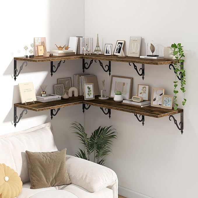 Deep Floating Shelves for Wall, 32"W x 12"D Wall Shelves, 12 Inch Deep Floating Shelf with Bracket, 32 Inch Floating Shelf Set of 2, Rustic Shelves for Living Room, Bathroom and Kitchen, Rustic Brown