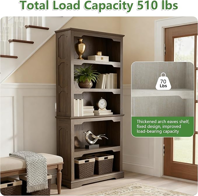 70 Inch Farmhouse Bookcase, Walnut Two-Tone Shelves, 5 Tier Bookshelf with Arched Trim, Living Room Storage Cabinet Unit, 31.5x11.8 Inches (Walnut, Open Shelf)