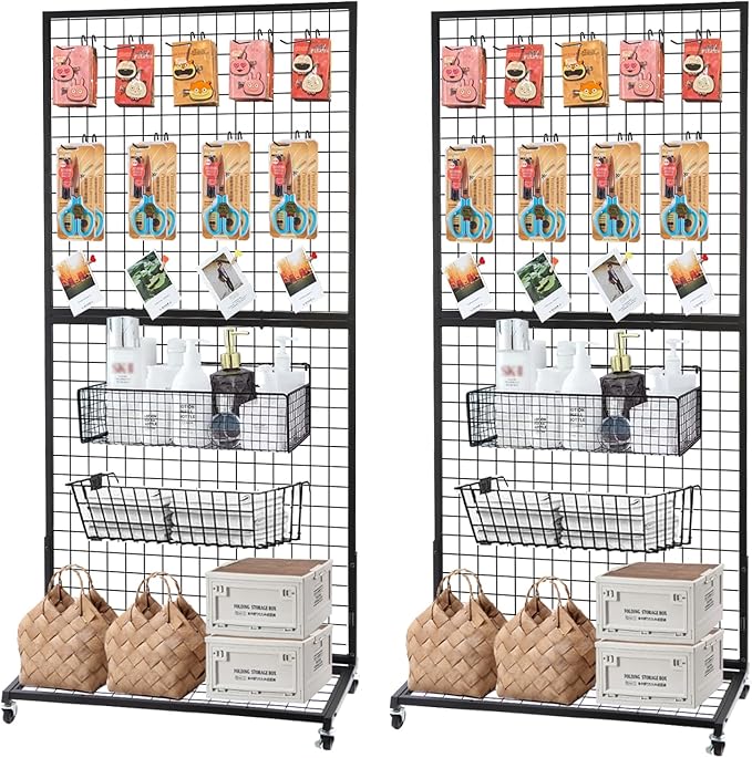 Grid Wall Panels, 2 Packs 3'x 6' Gridwall Display Stand with a Base Plate, Black Wire Grid Wall Display Rack, Craft Show Display Grid,Retail Display Stand