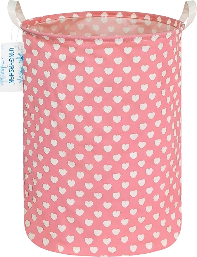 LANGYASHAN Laundry Basket Canvas Fabric Collapsible Organizer Basket for Storage Bin Toy Bins Gift Baskets Bedroom Clothes Children Nursery Hamper (pink heart)
