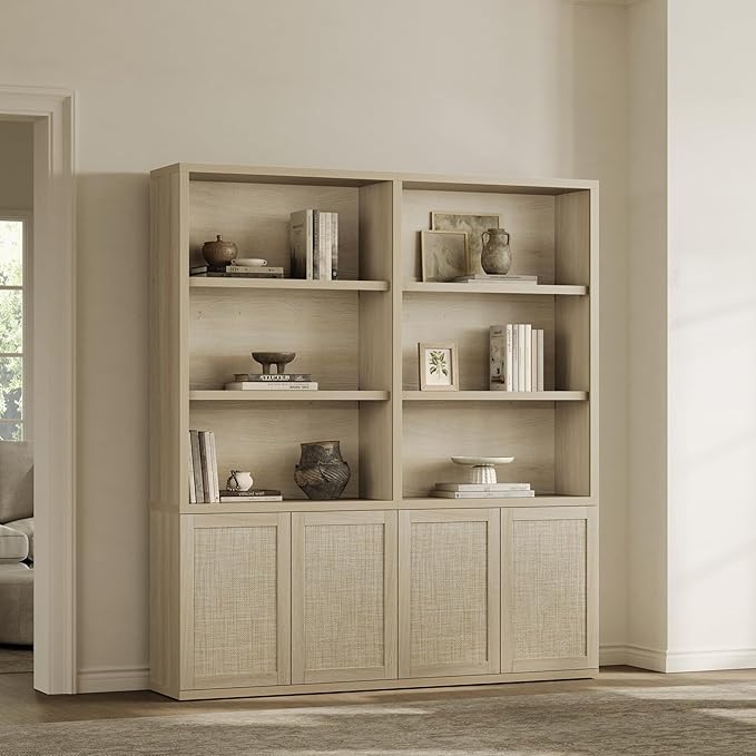 SICOTAS 70.5" Tall Bookshelf - 5-Tier Rattan Bookcase with Storage Cabinet Large Farmhouse Book Shelves with Doors, Boho Bookshelves for Living Room Home Office Library(Sand Oak, 1 Piece)