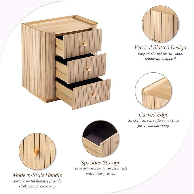 COZAYH Farmhouse 3 Drawer Wood Nightstand with Vertical Slatted Wood, Rustic Curved Edge Dresser with Metal Handles, Modern Design Bed Side Table with Recessed Tray Top for Bedroom, Office (Natural)