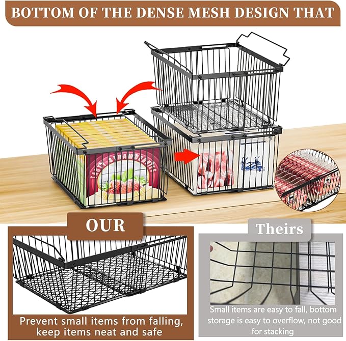 Large Freezer Organizer Bins，Upgraded Bottom Leak-Proof net，Fit 5 to 9 Cu Ft Chest Freezer，4 Pack， Expandable Stackable Chest Freezer Containers with Handle (Black--4Pack)