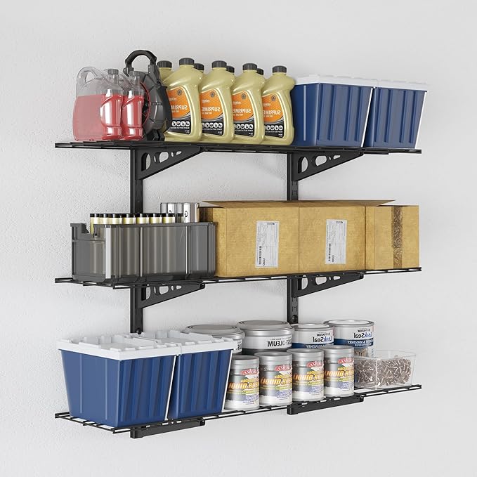 FLEXIMOUNTS 3 Tier 1x4ft Garage Storage Wall Shelving, 12x48inch per Shelf Height Adjustable Floating Shelves, 450lbs Total Weight Capacity, Black, Classic Series