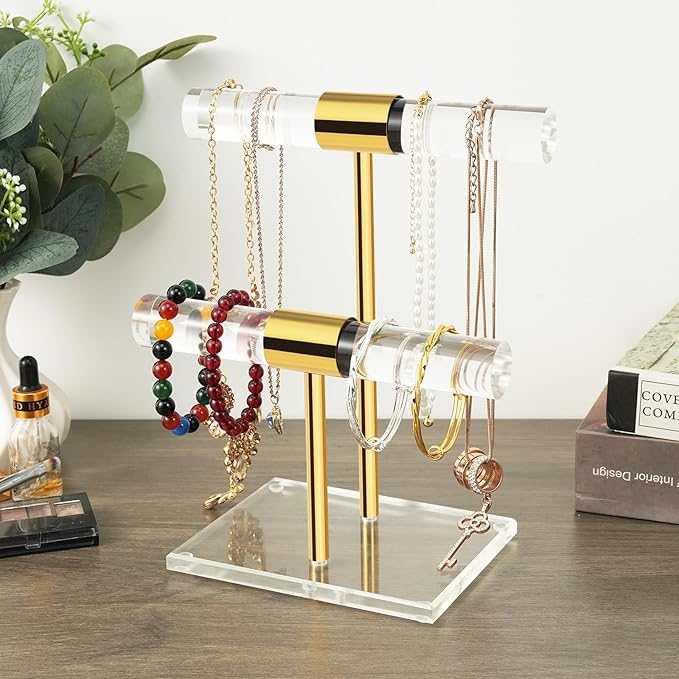 Acrylic Bracelet Holder, Necklace Holder Display Stand, 2 Tier T-Bar Jewelry Organizer, Stainless Rod Tangle-free Countertop Jewelry Rack for Vendors Retail Store Home, Gfit for Women