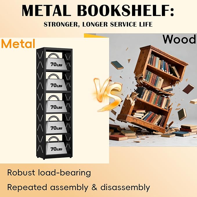 Narrow Bookshelf,5 Tier Bookcase,55" Black Metal Small Bookshelf with Adjustable Feet and Adjustable Shelves,Home Office Bookcase Shelf Storage Organizer for Living Room、Kitchen
