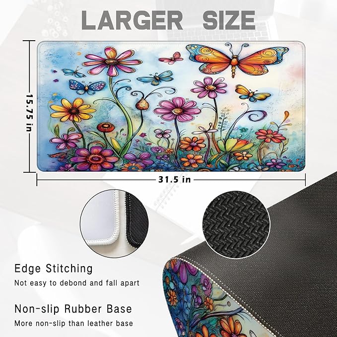 Vintage Hippie Floral Butterfly Large Mouse Pad 31.5x15.7inch, Retro Hippy Flower Butterfly Large Extended Computer Desk Mat Mousepad for Keyboard and Mouse, Flora Desk Accessories