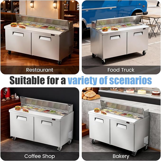 60" W Commercial Refrigerator Sandwich Salad Prep Table, Stainless Steel 2-Door Sandwich Prep Table Refrigerator, Counter Fan Cooling Refrigerator with 16 Pans for Restaurant, Bar