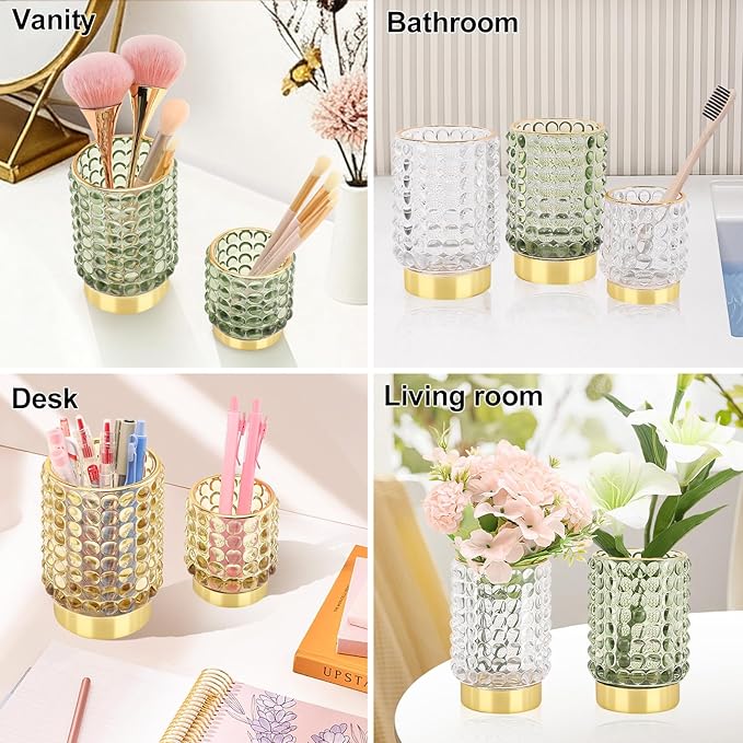 DASITON Makeup Brush Holder Organizer, Crystal Cosmetic Make Up Brush Holder, Glass Makeup Brushes Storage Organizer, Vintage Make Up Cup Desk Pen Pencil Holder, Toothbrush Holders (Green S)