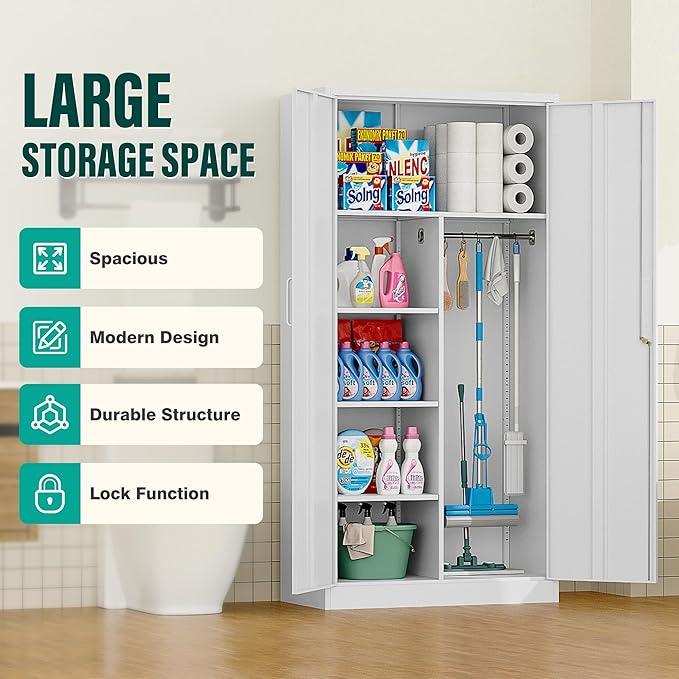 Wide & Deep Metal Storage Cabinet with Hanging Rod,White Broom Closet Storage Cabinet with Lock,72" Tall Wardrobe Cabinets with Doors and Shelves,Locking Steel Tool Cabinets for Home,Office,Garage