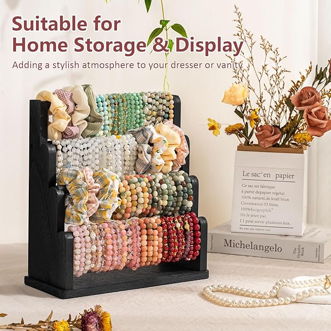 Emfogo Bracelet Holder, 4 Tier Bracelet Organizer Storage for Bracelets Bangles Watch Scrunchies, Rustic Wood Jewelry Organizer Display for Home, Vendors, Craft Shows and Store(Black)
