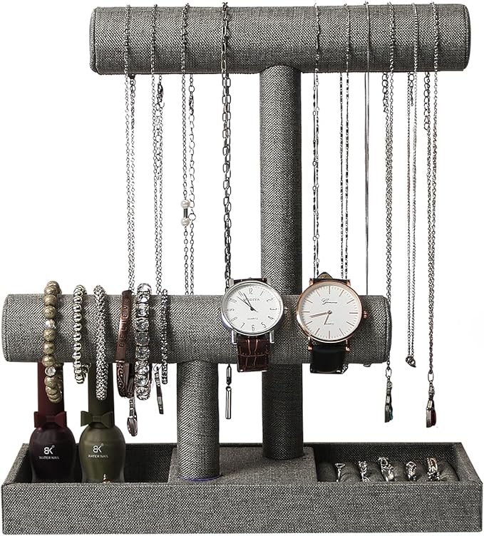 Coward 2 Tier Necklace Bracelet Holder Organizer with Ring Tray, Linen Jewelry Display Stand for Watch Scrunchie Lipstick, Perfumes,Nail polish (Gray Linen)
