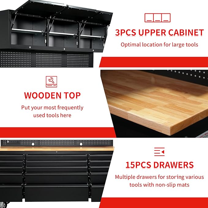 CT Copper Tailor 72-inch Rolling Tool Chest with Integrated Power Strip,15 Drawers and Wheels, Garage Workbench with Storage, 3 Upper Cabinets, Pegboard in Matte Black