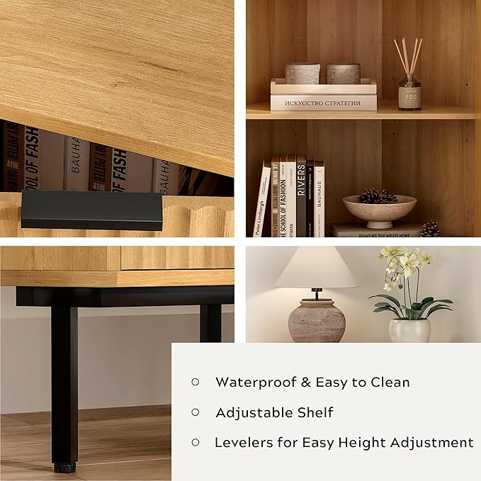Modern Corner Cabinet, Fluted Small Floor Storage Cabinet with Adjustable Shelf, Freestanding Narrow Organizer for Living Room Kitchen, Natural Oak