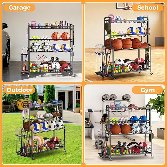 VOPEAK Oversized Sports Equipment Organizer, 4 Layers Rolling Ball Storage Rack for Garage Storage with Wheels Removable Hooks and Baskets Large Capacity Black Ball Holder for Toy Sports Gear Storage
