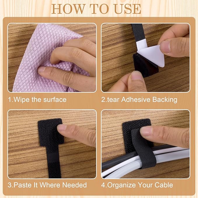 20pcs Hook and Loop Cable Ties, 3.55 Inch Self Adhesive Cable Management Straps for Desktop Network Wires, Adjustable Reusable Appliances Cord Organizer for Office Home Desk - Black