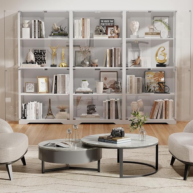 Display Cabinet with Glass Doors, 4-Tier Curio Cabinet with 3 Color Lights for Collectibles, Glass Display Case with Human Body Sensor, Bookcase with 4 Shelves, Storage Cabinets, White