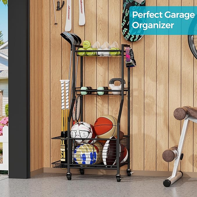 Sports Equipment & Toy Storage Rack with Wheels, 3-Tier Ball Organizer for Balls, Rackets & Sports Gear, Large Capacity with Racket Slots & Hooks, for Garage, Home Gym or Backyard – 17" W