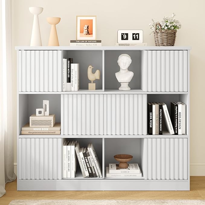 iPormis 12 Cube Bookcase with 6 Fluted Sliding Doors, 3 Tier Wooden Bookshelf, 47.2” Freestanding Cube Storage Organizer for Living Room, Office, Bedroom, Semi-Open Bookshelves, White