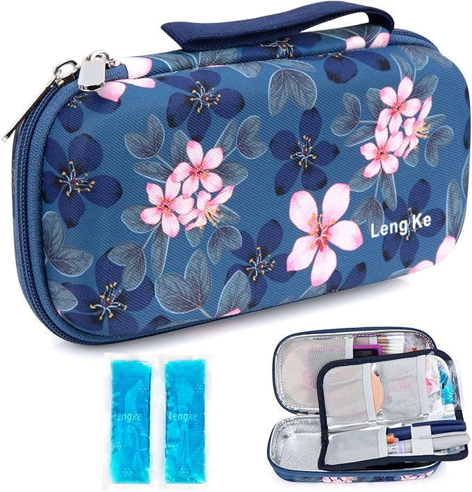 YOUSHARES Insulin Cooler Travel Case - Diabetic Insulated Organizer Portable Cooling Bag for Medication Cooling Insulation, Insulin Pen Case with 2 TSA Approved Cooler Ice Pack (Pink Flower)