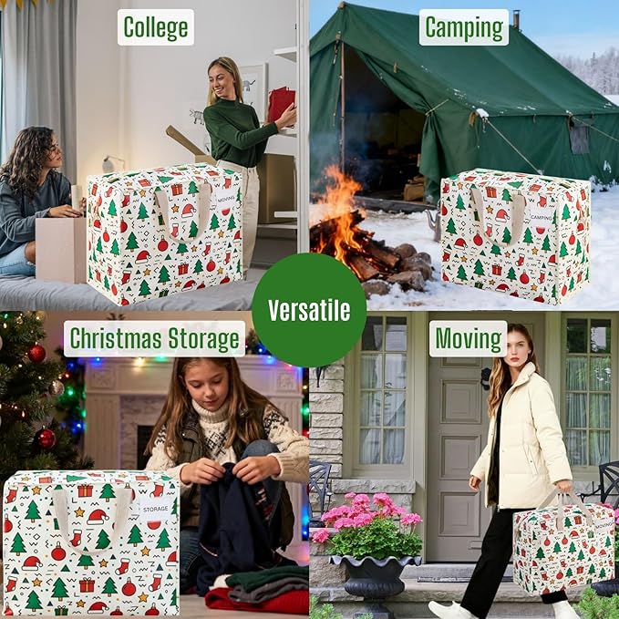 VENO 4 Pack Heavy Duty Moving Bags, Storage Bags, Packing Supplies, Top Zipper, Storage Totes for Camping, Clothes, Bedding, Comforters, Pillows, Christmas Pattern (13 Gallon, Jingle Mix, 4 Pack)