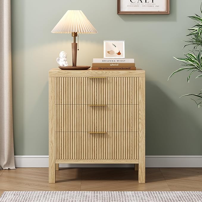 6 Drawer Dresser, Modern Wood Storage Chest of Drawers Organizer with Waveform Panel, Fluted Dresser with Wide Drawers and Golden Handles for Bedroom, Hallway, Entryway, Nature