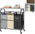 Hoctieon 3 Section Laundry Sorter Cart with Ironing Board, Laundry Hamper Basket with Shelf and Wheels, Heavy Duty Clothes Organizer, Large Clothes Separator with Removable Bags, Black+Gray+Beige
