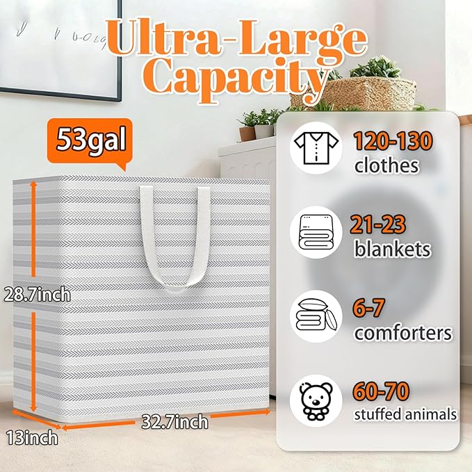 XXXXXL 53gal(200L) Large Laundry Basket, Laundry Hamper 3 Section with Reinforced Handles, Waterproof Collapsible Clothes Hamper for Bedroom Laundry Room Dorm Bathroom
