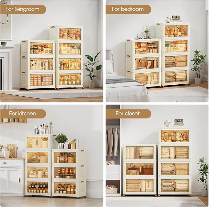JEKO&JEKO 648 Qt Plastic Storage Bins with Lids, Doors & Wheels, 6 Pack Extra Large Stackable Collapsible Storage Cabinets and Closet Organizers for Home Office, Cream