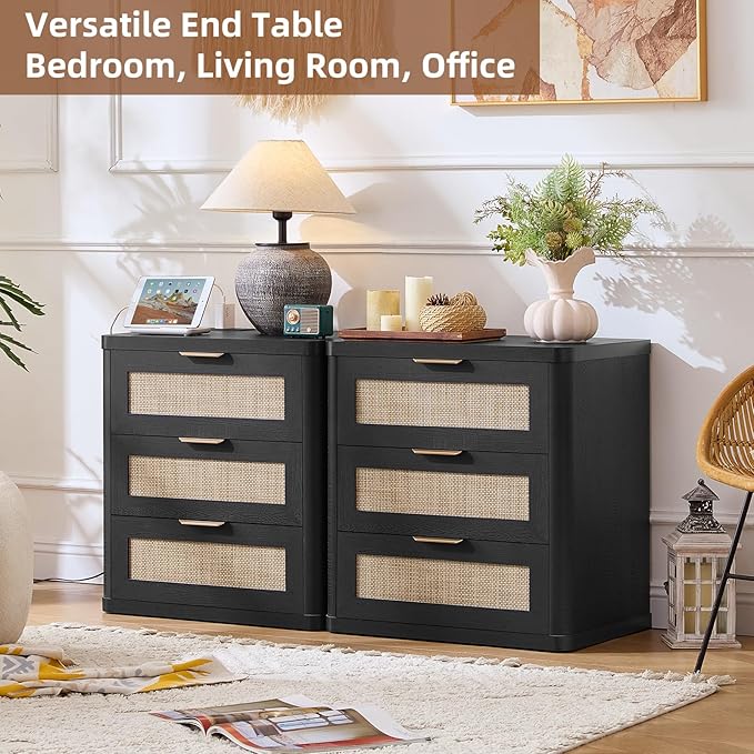 LEYAOYAO Rattan Night Stand Set of 2 with Charger Station, 23" Large 3 Drawer Boho Nightstand, Black Bedside Table Storage Cabinet, Bed Side End Tables for Bedroom, Living Room, Hallway