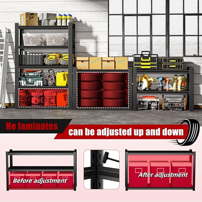 72" H Garage Shelving, Heavy Duty Storage Shelves, 3000LBS Garage Shelving, 5-Tier Easy Assembly Adjustable Shelf for Industrial, Warehouse, Basement (H72'' W48'' D24'')