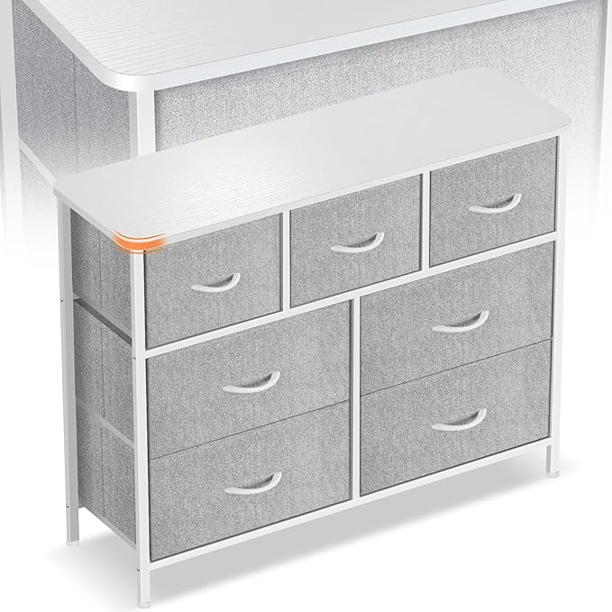 Curved Profile Dresser for Bedroom, Chest of Drawers, 7 Storage Drawers Organizer Unit, Brown Dresser with Fabric Bins for Closet, Living Room, Kid Room (White)